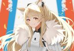  1girl absurdres animal_ear_fluff animal_ears arknights armor bangs black_ribbon blemishine_(arknights) blonde_hair blush breastplate commentary_request eyebrows_visible_through_hair hair_ribbon highres horse_ears horse_girl kingdom_of_kazimierz_logo long_hair looking_at_viewer pauldrons ribbon ryuya shoulder_armor smile solo upper_body yellow_eyes 