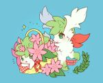  artist_name basket blue_background blush closed_mouth commentary_request flower gen_4_pokemon green_eyes highres in_basket mew_mew_chikorita_moon mythical_pokemon open_mouth pink_flower pokemon pokemon_(creature) shaymin shaymin_(land) shaymin_(sky) simple_background smile sparkle 