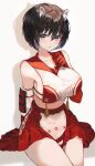  1girl animal_ears bangs bare_shoulders belt black_hair blue_archive blue_eyes blush breasts collarbone commentary_request elbow_gloves eyebrows_visible_through_hair gloves hand_on_own_chest hand_up highres icebox46 medium_breasts midriff open_mouth pleated_skirt red_gloves red_skirt revealing_clothes rope rope_belt shadow shiny shiny_hair short_hair simple_background sitting skirt solo thighs tsubaki_(blue_archive) 