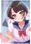  1girl bangs black_hair blue_eyes blue_sailor_collar bow bowtie collarbone commentary_request curtains grin highres hololive imoricohafu looking_at_viewer oozora_subaru petals red_bow red_neckwear sailor_collar sailor_shirt shirt short_sleeves skirt smile solo teeth virtual_youtuber white_shirt 