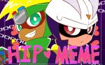  2boys blonde_hair careful_s gloves green_gloves green_headwear green_outfit happy_heroes mask multiple_boys purple_gloves purple_outfit smart_s white_headwear 