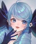  1girl absurdres ahoge blue_eyes blue_gloves blue_hair character_name drill_hair eyebrows_visible_through_hair face gloves gwen_(league_of_legends) highres league_of_legends light_blue_hair long_hair mettyon open_mouth signature smile solo twin_drills twintails twitter_username upper_body 