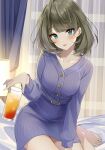  1girl :3 :d bangs barefoot bedroom belt blue_dress blue_eyes blush breasts collarbone cup curtains dress drink eyebrows_visible_through_hair green_eyes green_hair heterochromia holding holding_cup ice ice_cube idolmaster idolmaster_cinderella_girls lamp long_sleeves looking_at_viewer medium_breasts medium_hair nail_polish on_bed open_mouth q-v_(levia) ribbed_dress see-through sitting sitting_on_bed smile solo takagaki_kaede window yokozuwari 