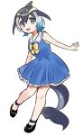 1girl bare_shoulders black_footwear black_hair blonde_hair blowhole blue_dress blue_eyes blue_hair bow bowtie commentary_request common_dolphin_(kemono_friends) dolphin_girl dolphin_tail dorsal_fin dress eyebrows_visible_through_hair frilled_dress frills full_body highres kemono_friends mary_janes multicolored_hair pleated_dress sailor_dress shoes short_hair sleeveless solo suicchonsuisui tail white_hair yellow_neckwear