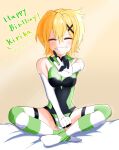  1girl absurdres akatsuki_kirika blonde_hair blush breasts closed_eyes crossed_legs dated elbow_gloves facing_viewer gloves green_leotard hair_ornament happy_birthday highres igarimaaa indian_style leotard looking_at_viewer medium_breasts parted_lips senki_zesshou_symphogear shiny shiny_hair short_hair sitting smile solo striped striped_legwear teeth thigh-highs v x_hair_ornament 