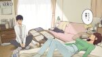  1boy 1girl bed black_hair book brown_hair couch curtains glasses green_shirt indian_style indoors long_sleeves lying on_back on_bed original pillow shirt short_hair sitting speech_bubble stuffed_animal stuffed_toy table translation_request wakamatsu372 white_shirt window 