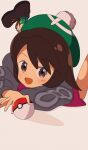  1girl :d bangs blush bob_cut boots brown_eyes brown_footwear brown_hair cardigan commentary_request dress gloria_(pokemon) green_headwear green_legwear grey_cardigan hat highres holding holding_poke_ball looking_at_viewer lying on_stomach open_mouth plaid plaid_legwear poke_ball poke_ball_(basic) pokemon pokemon_(game) pokemon_swsh short_hair smile socks solo tam_o&#039;_shanter yuki_yukki12 