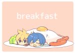  2boys =_= bacon black_sleeves blonde_hair blue_hair blue_scarf border chibi commentary english_text eyebrows_visible_through_hair food fried_egg green_eyes in_food kagamine_len kaito lettuce male_focus multiple_boys open_mouth pink_background plate sausage scarf short_hair simple_background sinaooo single_tear spiky_hair symbol_commentary unamused upper_body vocaloid yawning 
