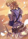  1boy belt blonde_hair blue_eyes blurry commentary_request earrings gloves highres jewelry link master_sword outdoors pointy_ears shuri_(84k) solo sunset sword the_legend_of_zelda the_legend_of_zelda:_breath_of_the_wild weapon 