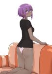  1girl ass bangs black_shirt blush breasts closed_mouth couch dark_skin dark-skinned_female eyebrows_visible_through_hair fate/prototype fate/prototype:_fragments_of_blue_and_silver fate_(series) from_behind hair_between_eyes hassan_of_serenity_(fate) highres i.u.y kneeling looking_at_viewer looking_back no_pants on_couch panties pink_panties purple_hair shirt short_sleeves simple_background small_breasts solo underwear violet_eyes white_background 