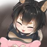  1girl :3 :d ^_^ animal_ear_fluff animal_ears black_hair character_request closed_eyes dog_ears dog_girl eyebrows_visible_through_hair facing_viewer fang from_above kemono_friends nyifu open_mouth original short_hair smile solo stuffed_toy thick_eyebrows twitter_username 