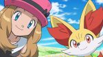  1girl black_ribbon blue_eyes closed_mouth clouds collarbone collared_shirt commentary_request day eyelashes fennekin gen_6_pokemon hat hat_ribbon light_brown_hair long_hair looking_at_viewer monoshiri_hakase official_style outdoors pink_headwear pokemon pokemon_(anime) pokemon_(creature) pokemon_xy_(anime) ribbon serena_(pokemon) shirt sky sleeveless smile starter_pokemon upper_body 