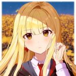  1girl bangs blonde_hair blunt_bangs blurry blurry_background blush border closed_mouth commentary_request dandelion day expressionless eyebrows_visible_through_hair face field flower flower_field hand_in_hair hand_up kongya long_hair looking_at_viewer original outdoors solo upper_body white_border yellow_eyes yellow_flower 