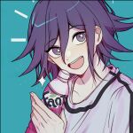  :d bangs collarbone commentary_request dangan_ronpa_(series) dangan_ronpa_v3:_killing_harmony fang fanta green_background grey_shirt hair_between_eyes hand_up happy holding looking_at_viewer misora_(crnr8777) notice_lines open_mouth ouma_kokichi pale_skin purple_hair shirt short_hair simple_background smile solo sparkle star-shaped_pupils star_(symbol) symbol-shaped_pupils teeth upper_body violet_eyes 