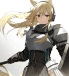  1girl animal_ear_fluff animal_ears arknights armor bangs black_gloves black_jacket blonde_hair blurry breastplate brown_eyes closed_mouth commentary_request eyelashes gloves hair_between_eyes headset highres holding holding_weapon horse_ears horse_girl horse_tail jacket long_hair looking_at_viewer nearl_(arknights) raitho104 scarf shield shoulder_armor sidelocks solo tail weapon 