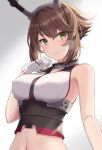  1girl blush breasts brown_hair closed_mouth eyebrows_visible_through_hair gloves green_eyes hair_between_eyes headgear highres kantai_collection large_breasts monoku mutsu_(kancolle) navel short_hair smile solo upper_body white_gloves 