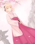  1girl black_ribbon blonde_hair cherry_blossoms dutch_angle fate/grand_order fate_(series) highres japanese_clothes katana kimono light_smile looking_at_viewer obi okita_souji_(fate) okita_souji_(fate)_(all) pink_kimono ribbon sash sheath solo sword unsheathing weapon wide_sleeves wkna_(670139982) yellow_eyes 