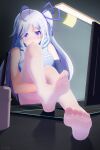  1girl absurdres bare_shoulders blue_eyes blue_hair blue_ribbon character_request copyright_request desk elbow_gloves feet full_body gloves hair_ribbon highres huge_filesize lamp light_blue_hair long_hair looking_at_viewer monitor no_shoes open_mouth ribbon snowwish soles thigh-highs toes white_legwear 