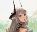  1girl ahong arknights bangs bare_shoulders black_choker choker commentary highres horns long_hair looking_at_viewer mudrock_(arknights) parted_lips pointy_ears portrait red_eyes red_lips silver_hair solo 