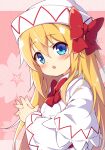  1girl :o baku-p bangs blonde_hair blue_eyes blush bow capelet commentary_request dress eyebrows_visible_through_hair floral_background hair_between_eyes hat hat_bow lily_white long_hair long_sleeves looking_at_viewer parted_lips red_bow solo touhou upper_body very_long_hair white_capelet white_dress white_headwear wide_sleeves 
