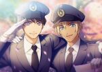  2boys :d amuro_tooru arm_around_shoulder arm_up bangs black_headwear black_jacket black_neckwear black_suit blonde_hair blue_eyes blurry blurry_background brown_hair cherry_blossoms closed_mouth collared_shirt commentary_request depth_of_field diploma falling_petals film_grain formal gloves graduation hair_between_eyes hand_on_another&#039;s_shoulder hat holding jacket kouno_kb long_sleeves looking_at_viewer male_focus meitantei_conan multiple_boys necktie open_mouth petals police police_hat police_uniform policeman salute scotch_(meitantei_conan) shirt short_hair side-by-side smile suit uniform upper_body upper_teeth violet_eyes white_gloves white_shirt 