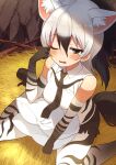  1girl aardwolf_(kemono_friends) aardwolf_ears aardwolf_girl aardwolf_print aardwolf_tail bare_shoulders black_hair black_neckwear black_shorts blush collared_shirt commentary_request elbow_gloves extra_ears eyebrows_visible_through_hair from_above gloves hair_between_eyes highres kamuraaa_615 kemono_friends multicolored_hair necktie nest one_eye_closed pantyhose pillow ponytail print_gloves print_legwear rubbing_eyes shirt short_hair short_shorts shorts sitting sleeveless solo tearing_up two-tone_hair wariza white_hair white_shirt 
