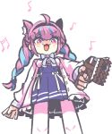  1girl :3 animal_ear_fluff animal_ears apex_legends bangs blue_hair blue_skirt braid breasts cat_ears chained_tan chibi eyebrows_visible_through_hair gun handgun high-waist_skirt holding holding_gun holding_weapon hololive kemonomimi_mode looking_down medium_breasts minato_aqua multicolored_hair musical_note open_hand open_mouth p2020_(pistol) pistol purple_hair skirt smile solo sweater twin_braids two-tone_hair v-shaped_eyebrows violet_eyes weapon white_background white_sweater 