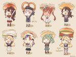  6+girls american_flag_legwear anchor anpan ashigara_(kancolle) bangs beret black_skirt blonde_hair blue_hair blue_headwear bread brown_hair cherry_blossoms chibi closed_eyes clothes_writing commandant_teste_(kancolle) croissant curry_bread dark_skin dark-skinned_female dress food gloves green_hair green_skirt hair_ornament hairband hamburger hat headgear hip_vent holding holding_food horned_headwear iowa_(kancolle) jervis_(kancolle) kamoku_nagi kantai_collection libeccio_(kancolle) long_hair melon_bread mismatched_legwear multicolored_hair multiple_girls one_eye_closed pantyhose pom_pom_(clothes) ponytail pretzel red_skirt redhead remodel_(kantai_collection) sailor_dress sailor_hat sandwich school_uniform serafuku short_hair silver_hair single_thighhigh skirt solid_oval_eyes streaked_hair striped striped_legwear swept_bangs thigh-highs twintails uniform vertical-striped_legwear vertical-striped_skirt vertical_stripes wavy_hair white_gloves white_hair white_headwear yamato_(kancolle) yuubari_(kancolle) z1_leberecht_maass_(kancolle) 