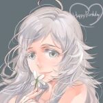  1girl ahoge bangs bare_shoulders closed_mouth fire_emblem fire_emblem_fates flower grey_background grey_eyes headshot heart holding holding_flower long_hair looking_at_viewer lowres ophelia_(fire_emblem) silver_hair ttnaicbsr 