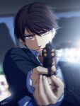  1boy aiming_at_viewer bangs black_hair blue_jacket blurry blurry_background closed_mouth collared_shirt commentary_request dated depth_of_field facial_hair fingernails gun hair_between_eyes handgun highres holding holding_gun holding_weapon jacket kouno_kb long_sleeves looking_at_viewer male_focus meitantei_conan scotch_(meitantei_conan) serious shirt short_hair signature solo stubble upper_body violet_eyes weapon white_shirt 