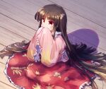 1girl bangs black_hair covered_mouth eyebrows_visible_through_hair full_body hands_together hime_cut houraisan_kaguya isu_(is88) japanese_clothes kimono long_hair long_skirt long_sleeves pink_kimono red_eyes red_skirt sitting skirt sleeves_past_fingers sleeves_past_wrists solo touhou very_long_hair wide_sleeves