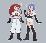  1boy 1girl baggy_pants belt blue_eyes blue_hair bodysuit boots confused cosplay costume_switch crop_top earrings elbow_gloves gloves green_eyes grey_background image_sample james_(pokemon) jessie_(pokemon) jewelry kiana_mai knee_boots long_hair midriff navel pants pokemon redhead short_sleeves skirt smile team_rocket team_rocket_uniform thighs twitter_sample 