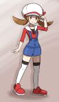  1girl blush brown_eyes brown_hair closed_mouth commentary eyelashes full_body hand_on_headwear hat highres knees long_hair looking_at_viewer lyra_(pokemon) omoitsuka overalls pokemon pokemon_(game) pokemon_hgss red_footwear red_shirt shiny shiny_skin shirt shoes sleeves_past_elbows smile solo standing thigh-highs twintails white_headwear white_legwear 
