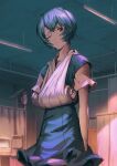  1girl absurdres arm_at_side ayanami_rei blue_dress blue_hair cast dress eyepatch highres hospital huge_filesize indoors intravenous_drip kneeichigo looking_at_viewer monitor neon_genesis_evangelion red_eyes short_hair short_sleeves solo standing 