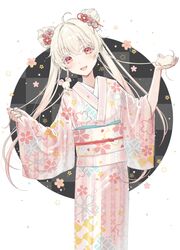  1girl ahoge animal azuki_(ckxs7444) double_bun floral_background floral_print flower furisode hair_bun hair_flower hair_ornament head_tilt highres holding holding_animal japanese_clothes kimono looking_at_viewer mouse nail_polish obi open_mouth original platinum_blonde_hair sash smile solo twintails 