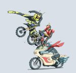  3boys absurdres antennae armor belt crossover cyclone_(kamen_rider) gloves grey_background ground_vehicle highres horns kamen_rider kamen_rider_(series) kamen_rider_01_(series) kamen_rider_1 kamen_rider_kuuga kamen_rider_kuuga_(series) kamen_rider_zero-one kicking motor_vehicle motorcycle multiple_boys naitsupic on_motorcycle red_eyes rider_belt riding scarf simple_background trychaser 