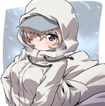 1girl bangs baseball_cap blue_eyes blue_headwear blush closed_mouth coat commentary drawstring frown girls_und_panzer hair_over_one_eye hat highres hood hood_up hooded_coat inoue_kouji long_sleeves looking_at_viewer outside_border short_hair silver_hair snowing solo white_coat wind youko_(girls_und_panzer) 