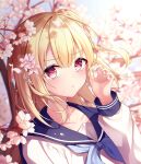  1girl bangs blonde_hair blue_neckwear blue_sailor_collar blurry blush character_request cherry_blossoms commentary_request copyright_request depth_of_field eyebrows_visible_through_hair fingernails flower frown hair_flower hair_ornament hand_up highres long_hair long_sleeves looking_at_viewer neckerchief overexposure pink_flower red_eyes sailor_collar school_uniform serafuku shirt solo ttopang upper_body white_shirt 