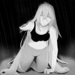  1girl absurdres android bare_shoulders black_bra bra breasts collarbone greyscale highres kneeling long_hair looking_at_viewer mechanical_arms monochrome night puddle rain seiza severed_arm severed_limb sitting underwear vivy:_fluorite_eye&#039;s_song wet wet_clothes wet_hair 