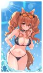  1girl absurdres angelina_(arknights) animal_ears arknights arm_behind_back bangs bikini black_bikini black_choker blue_sky blush breasts brown_hair choker commentary cowboy_shot day eyebrows_visible_through_hair eyewear_on_head fox_ears fox_tail hair_between_eyes highres infection_monitor_(arknights) large_breasts long_hair looking_at_viewer navel outdoors purerin red_eyes side-tie_bikini sky smile solo standing stomach sun sunglasses swimsuit tail thighs twintails wading water 