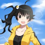  ahoge araragi_karen bakemonogatari black_eyes black_hair black_shirt blush breasts clouds cloudy_sky curly_hair egg_hair_ornament food_themed_hair_ornament hair_ornament jacket kakoikaren medium_breasts monogatari_(series) open_mouth shirt side_ponytail sky smile yellow_jacket 