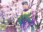  2boys :d backpack bag black_hair black_jacket blurry brown_bag buttons carrying_under_arm cherry_blossoms collared_shirt commentary_request day depth_of_field diamond_wa_kudakenai dress_shirt earrings facing_away falling_petals gakuran glint grass green_eyes green_headband green_vest grey_hair hand_in_pocket headband height_difference highres hirose_koichi jacket jewelry jojo_no_kimyou_na_bouken k_(gear_labo) kishibe_rohan long_sleeves looking_at_another looking_down male_focus multiple_boys notebook open_mouth outdoors pants petals purple_shirt school_bag school_uniform shirt short_hair smile spiky_hair standing tree untucked_shirt vest white_pants wind 