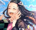  1girl :d black_hair blue_sky brown_hair closed_eyes clouds floating_hair hair_ribbon hand_on_another&#039;s_cheek hand_on_another&#039;s_face haori japanese_clothes kamado_nezuko kimetsu_no_yaiba kimono long_hair long_sleeves mady_(madine08260) multicolored_hair open_mouth pink_kimono pink_ribbon ribbon sky smile solo solo_focus two-tone_hair upper_body very_long_hair 