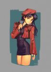  1girl aqua_background artist_name beret border cropped_jacket cropped_legs dress grey_border hat highres jacket katsuragi_misato looking_at_viewer neon_genesis_evangelion optionaltypo purple_hair red_bean_paste red_jacket smile solo violet_eyes 