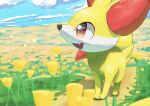  absurdres animal_focus blue_sky clouds commentary_request day fangs fennekin field flower flower_field fox_heart full_body gen_6_pokemon grass happy highres looking_up no_humans open_mouth outdoors path petals pokemon pokemon_(creature) red_eyes road sky smile solo standing yellow_flower 
