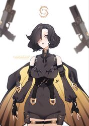  1girl aurahack bare_shoulders belt black_gloves black_hair black_survival breasts brown_eyes commentary covered_navel fingerless_gloves gloves gun handgun highres jacket large_breasts looking_at_viewer parted_lips rozzi_(black_survival) short_hair simple_background solo twitter_username weapon white_background wide_hips 