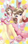  1girl absurdres animal_ears blush brown_hair bunny_pose closed_mouth commentary egg eyelashes fake_animal_ears flower grey_eyes hairband hand_on_hip highres legs_together long_hair looking_at_viewer may_(pokemon) multiple_views pantyhose pink_flower pink_footwear pokemon pokemon_(game) pokemon_masters_ex rabbit_ears raised_eyebrows shoes short_sleeves smile standing tm_(hanamakisan) white_flower wrist_cuffs yellow_flower yellow_hairband yellow_legwear 
