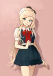  1girl :d bangs blonde_hair blue_eyes bow bowtie braid commentary_request cowboy_shot crown_braid dangan_ronpa_(series) dangan_ronpa_2:_goodbye_despair dress e_(xrpa4zlquxlfk27) french_braid hair_bow hand_up highres long_hair looking_at_viewer open_mouth pink_background puffy_short_sleeves puffy_sleeves red_bow ribbon shiny shiny_hair shirt short_sleeves simple_background smile solo sonia_nevermind standing swept_bangs very_long_hair 