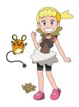  1girl absurdres art_shift black_shorts blonde_hair blue_eyes bonnie_(pokemon) brown_shirt dedenne gen_6_pokemon grin highres looking_at_viewer lukas_thadeu pink_footwear pokemon pokemon_(anime) pokemon_(creature) pokemon_sm_(anime) pokemon_xy_(anime) ribbon shirt shorts side_ponytail signature skirt slippers smile tagme transparent_background white_skirt 