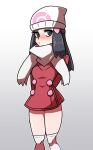  1girl arms_behind_back beanie black_hair blush closed_mouth coat commentary hikari_(pokemon) eyelashes gradient gradient_background grey_eyes hair_ornament hairclip hat legs_together long_hair looking_at_viewer omoitsuka outline over-kneehighs pokemon pokemon_(game) pokemon_dppt pokemon_platinum red_coat scarf shiny shiny_skin sidelocks solo sweatdrop thigh-highs white_headwear white_legwear white_scarf 
